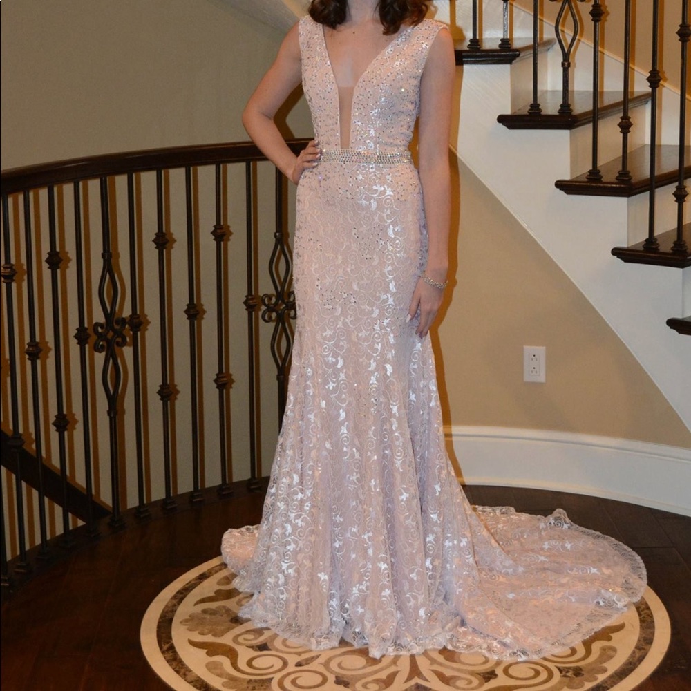 JOVANI blush lace dress